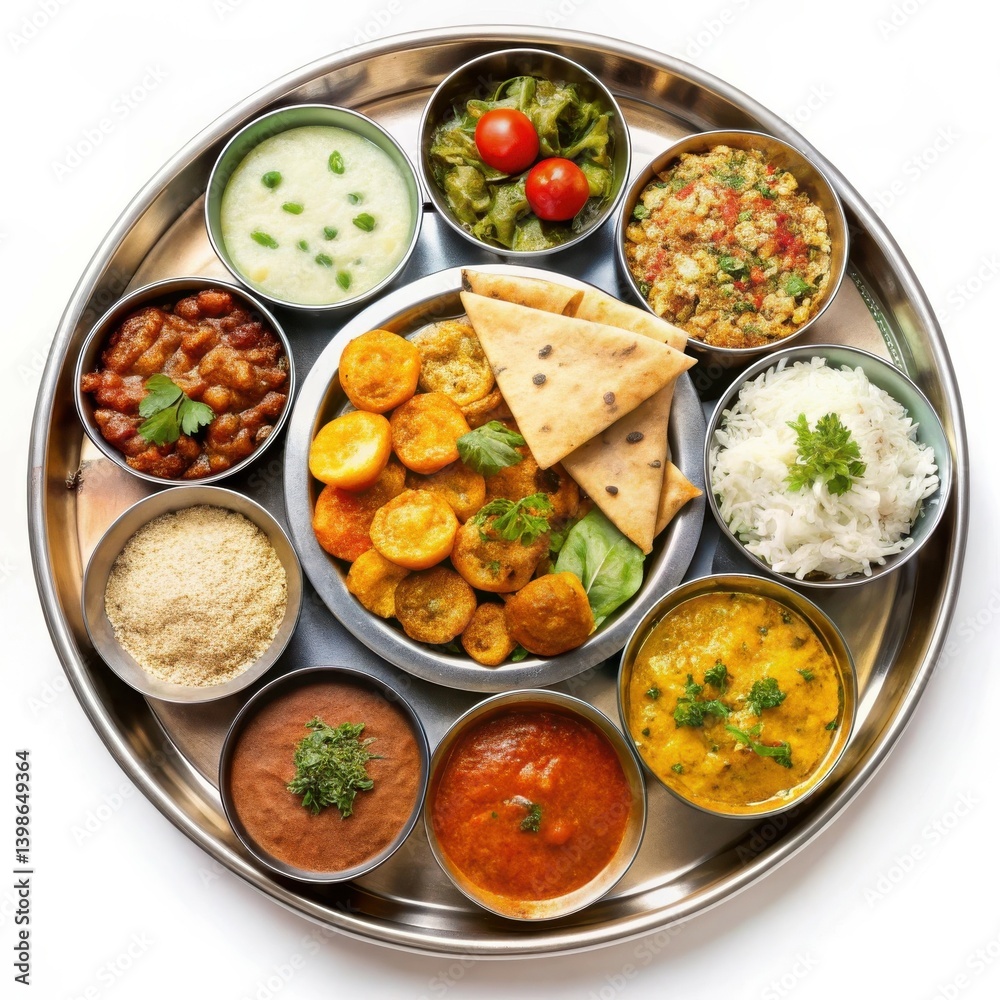 Delicious Indian Thali meal platter vibrant spices textures warm tones Delicious Indian Thali meal platter vibrant spices textures warm tones