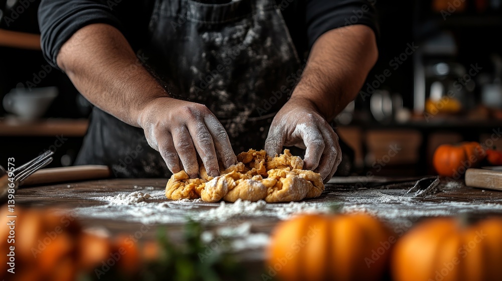 Hands are kneading dough on a flour-covered wooden surface surrounded by fresh herbs and kitchen tools, capturing the warmth of homemade baking traditions Hands are kneading dough on a flour-covered wooden surface surrounded by fresh herbs and kitchen tools, capturing the warmth of homemade baking traditions