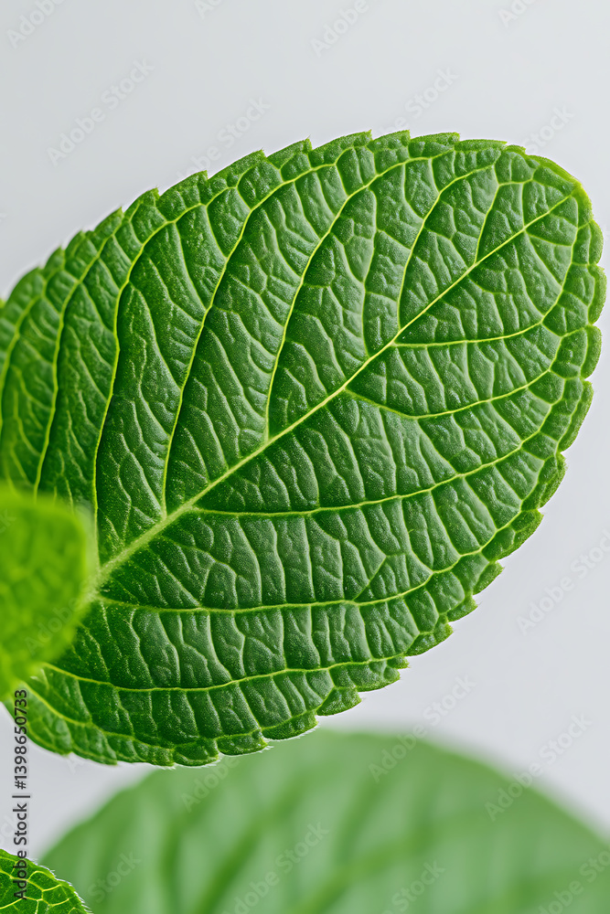 Obraz premium Close-up of a Vibrant Green Leaf: Details of a leaf revealing intricate venation, textures, and patterns, showcasing nature's artistry in its most natural form.