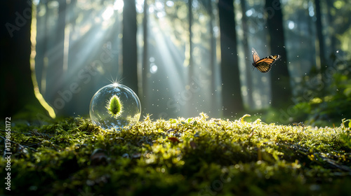 A glowing green sphere inside a glass orb rests on a forest floor, with a butterfly flying nearby under magical sunlight rays, symbolizing nature and protection.