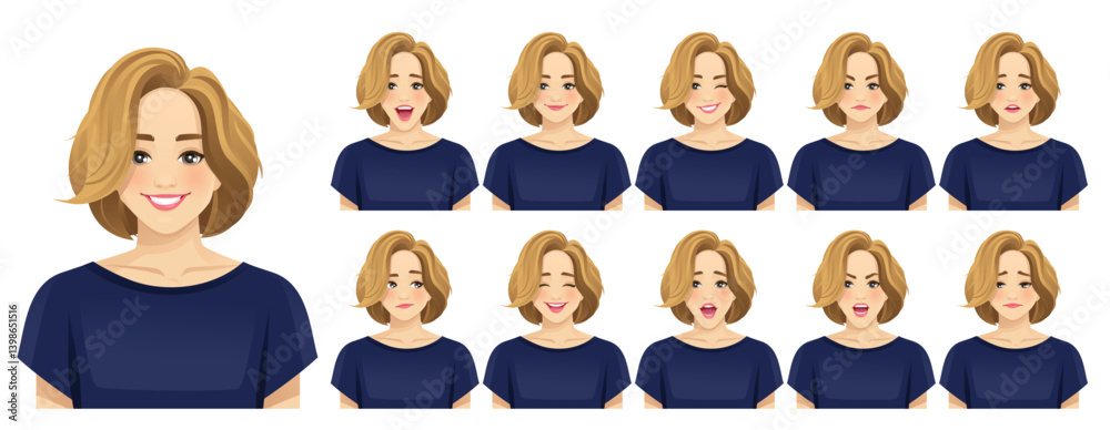 Fototapeta premium Beautiful business young blond woman. Different facial expressions set. Isolated vector illustration