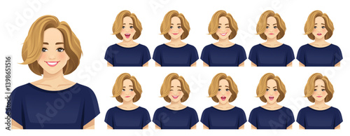 Beautiful business young blond woman. Different facial expressions set. Isolated vector illustration