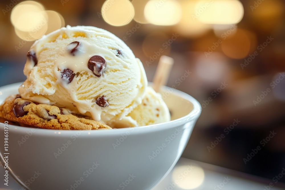 Creamy vanilla ice cream with chocolate chip cookie. Creamy vanilla ice cream with chocolate chip cookie.