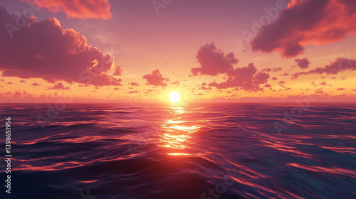 AI-generated photorealistic sunset over the ocean with dramatic clouds and golden reflections on calm waves. Perfect for nature, relaxation, and scenic visuals.