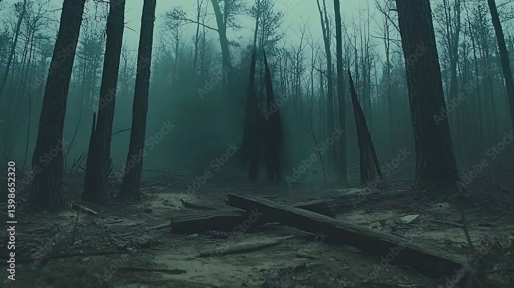 Obraz premium Eerie, fog-shrouded forest path with looming shadows.