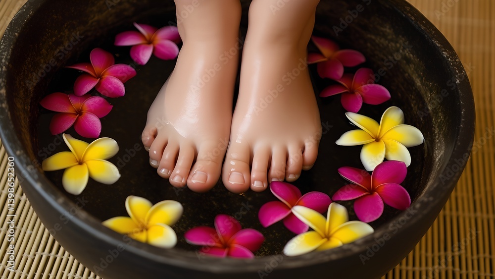 Tranquil Foot Spa Experience: Close-up of bare feet in a floral foot bath, depicting a serene spa experience with natural elements. A moment of peace and tranquility in a spa setting. Tranquil Foot Spa Experience: Close-up of bare feet in a floral foot bath, depicting a serene spa experience with natural elements. A moment of peace and tranquility in a spa setting.