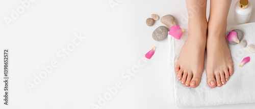 Serene Spa Pedicure: A close-up shot of perfectly manicured feet, accented by delicate rose petals and smooth river stones, evoking the essence of relaxation and self-care.