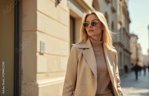 Elegant blonde woman wears beige coat, sunglasses on city street. Fashionable model poses in stylish urban outfit. Trendy lady walks, embodies modern style. Autumn spring season cold weather.