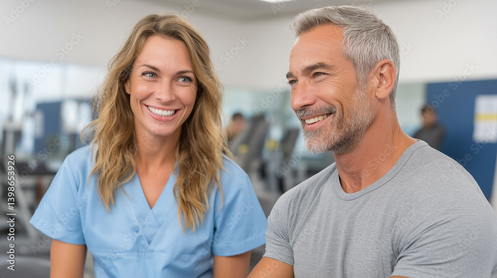 Fitness trainer and patient smiling in a gym setting Fitness trainer and patient smiling in a gym setting