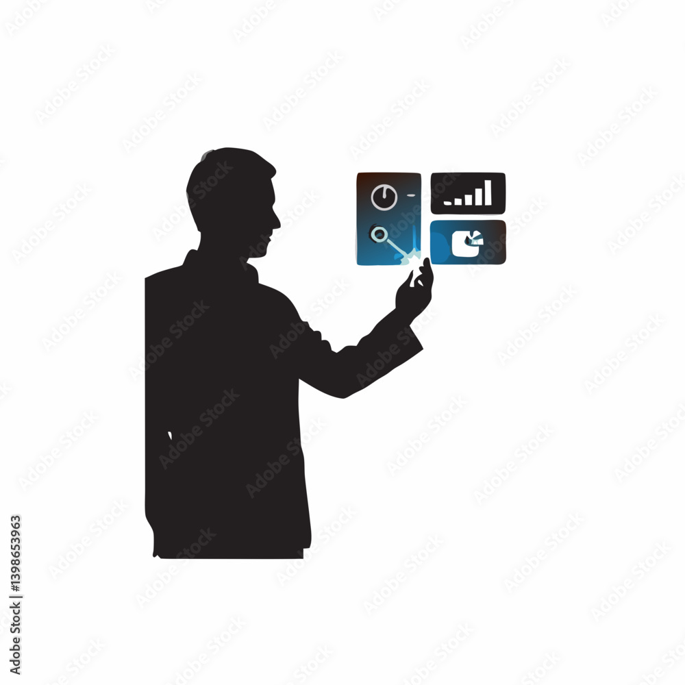 Man interacts with futuristic interface a sleek silhouette against a white background showcasing data analysis and Man interacts with futuristic interface a sleek silhouette against a white background showcasing data analysis and