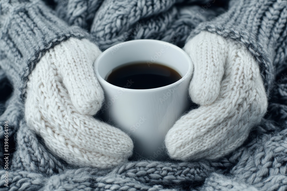 Hands in warm knitted gloves hold a mug with a hot drink. Winter time. Mockup. White cup. AI-generated. Hands in warm knitted gloves hold a mug with a hot drink. Winter time. Mockup. White cup. AI-generated.