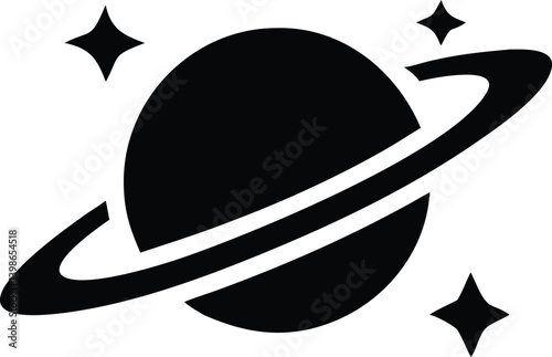 Stylized black and white vector drawing of a ringed planet with stars