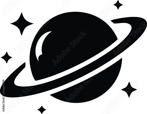 Black and white depiction of a planet with rings and stars around it