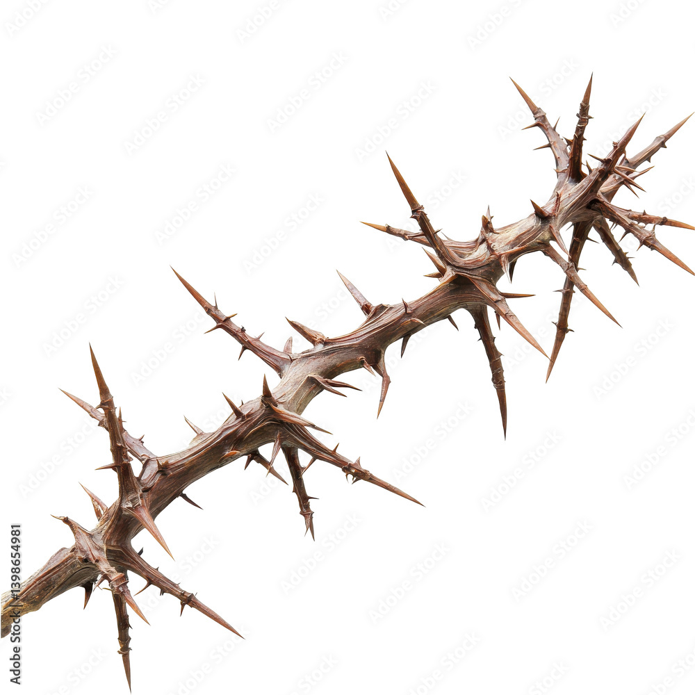 Close-up of a thorny branch showcasing sharp spikes against a plain background Close-up of a thorny branch showcasing sharp spikes against a plain background