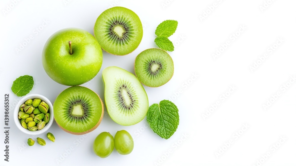 Fototapeta premium Minimalistic flat lay green fruit composition, Copy space on white background, Top view fresh kiwi apple styling, Healthy pistachio mint accent display, Clean aesthetic commercial stock photo