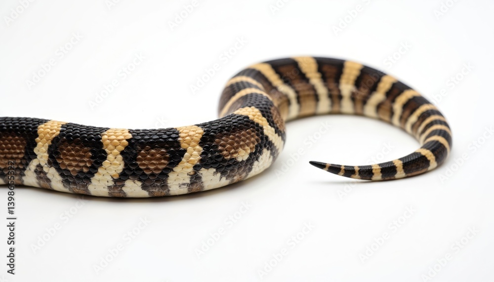 Fototapeta premium Eastern diamondback rattlesnake body close-up. Reptile displays striking diamond pattern. Venomous snake, dangerous predator on white background. Wildlife, animal. Snake tail with rattle, black tip.