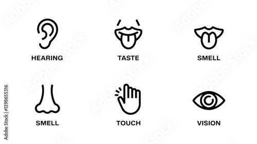 Sensory Icons Illustration: Clean black and white icons representing human senses, including taste, vision, smell, hearing, and touch, with a minimalist aesthetic.