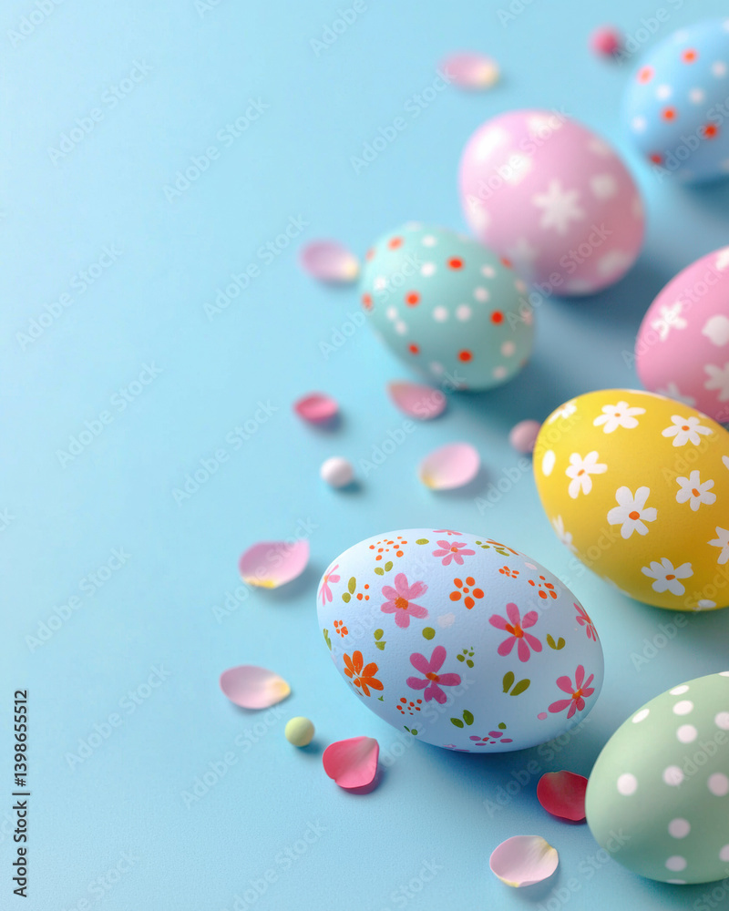 Obraz premium Decorated Easter Eggs with Floral Patterns on Pastel Blue Background