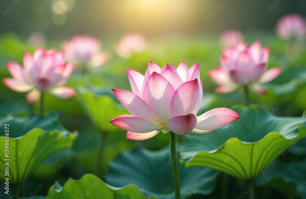 Pink lotus flowers bloom in pond. Aquatic plants with lush green leaves, beauty of nature. Water lily blossoms, symbol of purity, peace, zen. Floral background. Pink lotus flowers bloom in pond. Aquatic plants with lush green leaves, beauty of nature. Water lily blossoms, symbol of purity, peace, zen. Floral background.