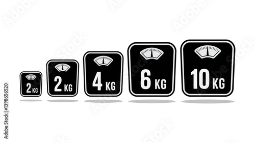 Weight Scale Progression: A linear progression of weight scales, ranging from 2kg to 10kg, illustrating the concept of measurement and comparison. photo