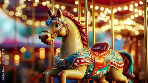 Colorful carousel horse with vibrant decorations, illuminated by festive lights in a carnival setting