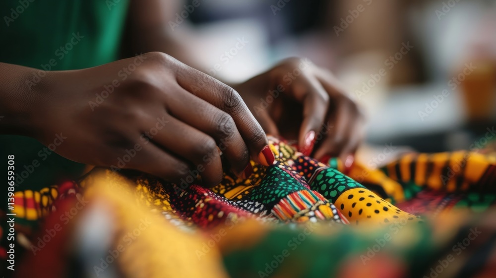 Hands carefully adjust vibrant fabric featuring intricate embroidery and beadwork, highlighting the cultural significance of traditional African attire Hands carefully adjust vibrant fabric featuring intricate embroidery and beadwork, highlighting the cultural significance of traditional African attire