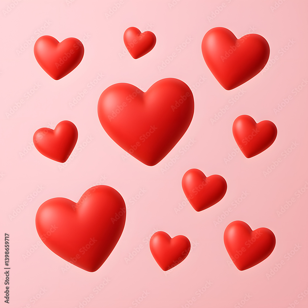 3D red hearts floating on pink background, romantic minimal design for Valentine's Day, love or wedding themes 3D red hearts floating on pink background, romantic minimal design for Valentine's Day, love or wedding themes