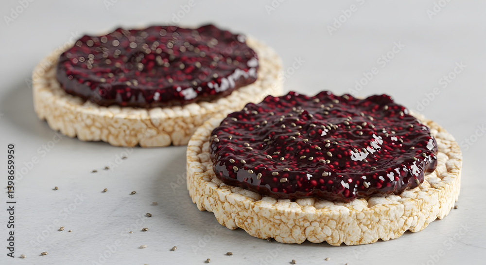 Rice Cakes Topped With Blackberry Chia Seed Jam For Stock Photography Rice Cakes Topped With Blackberry Chia Seed Jam For Stock Photography