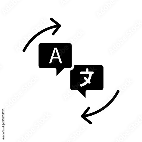 Collection of language translation icons. Illustration in black filled and outlined style