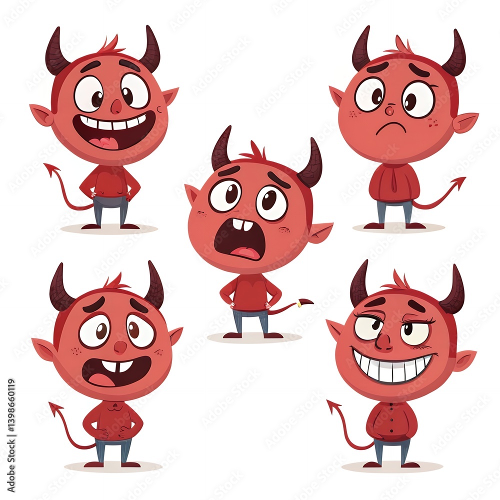 Cute Little Devil Cartoon Character Set Happy Sad Angry Surprised Expressions