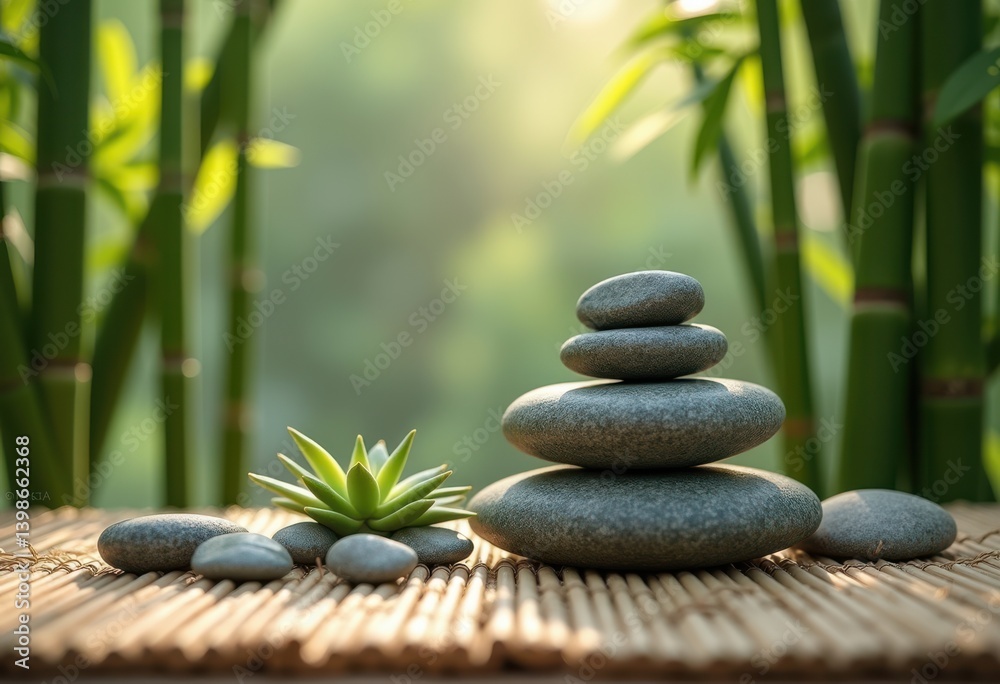 Obraz premium zen stone arrangement tranquil bamboo mat natural decor peaceful meditation setup, nature, decoration, rock, tranquility, harmony, minimalism, design
