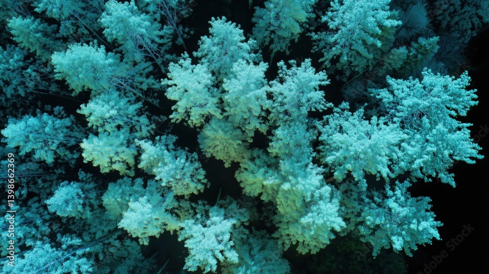 Overhead view showcases dense green trees creating a vibrant canopy in a peaceful forest under clear blue skies Overhead view showcases dense green trees creating a vibrant canopy in a peaceful forest under clear blue skies