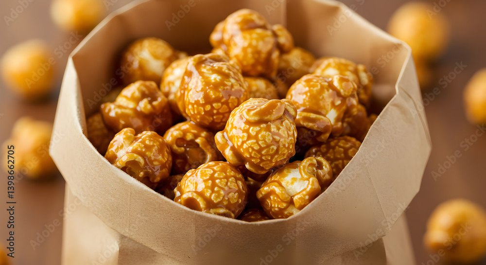 Obraz premium Delicious Caramel Popcorn In a Brown Paper Bag For Snack Time