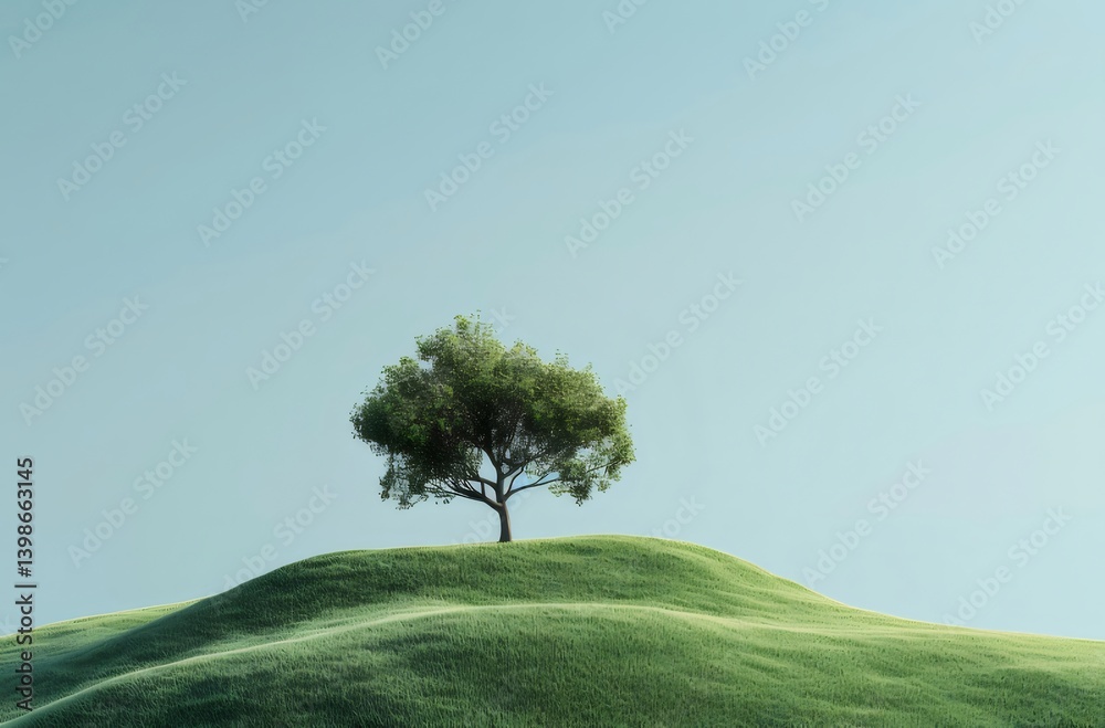 Isolated Green Tree Standing Atop a Small Green Hill Under a Clear Blue Sky Isolated Green Tree Standing Atop a Small Green Hill Under a Clear Blue Sky