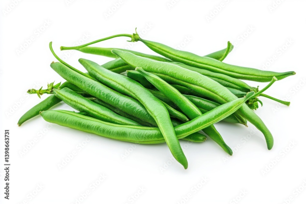 A pile of fresh green beans lying on a plain white surface up close view A pile of fresh green beans lying on a plain white surface up close view