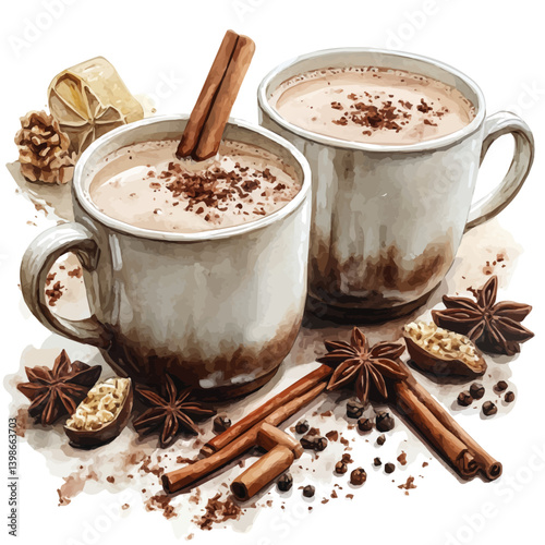 Masala Chai, watercolor illustration, isolated on a white background.

