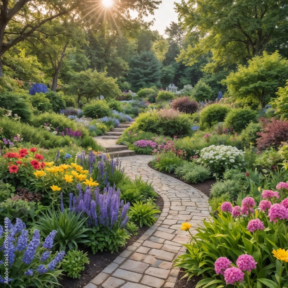 Obraz premium Lush garden pathway winding through vibrant flower beds at sunset 