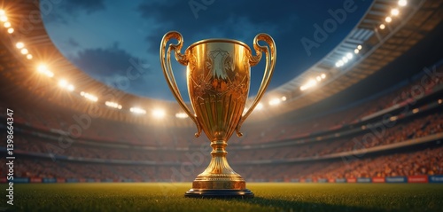 Gold winner cup in stadium. Symbol of victory success, achievement. Sport competition award night with fans. Winning team prize on grass field. Championship goal.