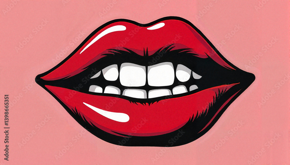 Stylized pop art lips showing teeth and biting lower lip, playful expression Stylized pop art lips showing teeth and biting lower lip, playful expression