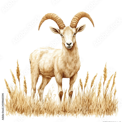 Markhor, watercolor illustration, isolated on a white background.

