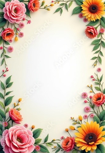 vibrant floral border design green foliage accents bright colorful flowers natural elements decoration, plant, leaves, petal, orchid, lily, rose, daisy