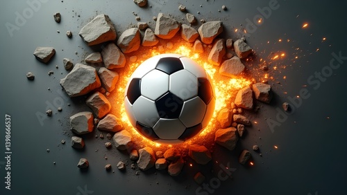 Soccer Ball Smashing Through Stone Wall with Fiery Sparks