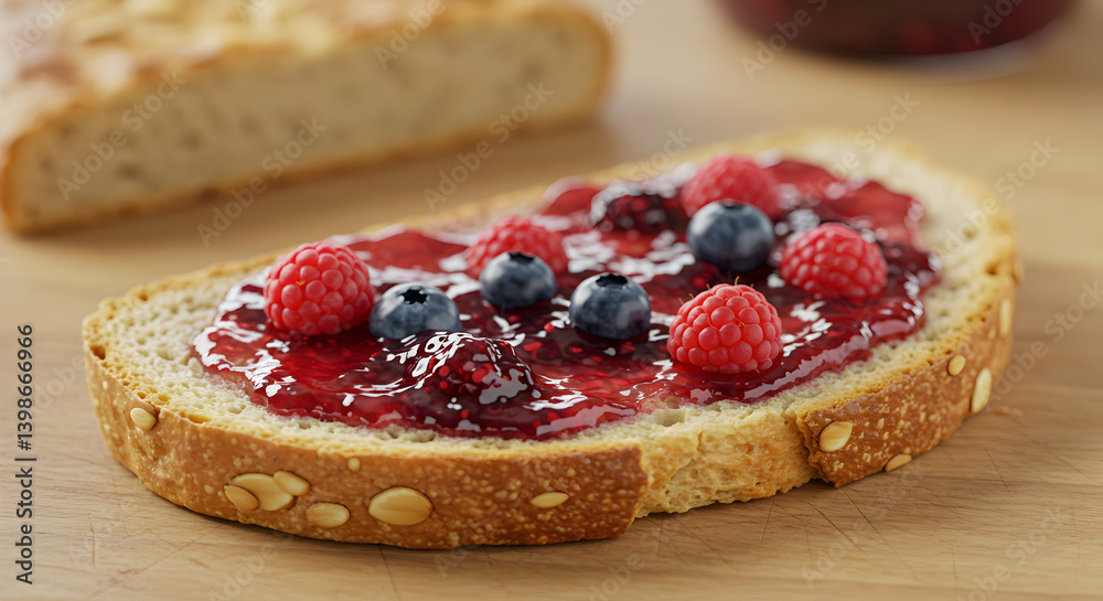 Gluten Free Mixed Berry Jam on Toasted Almond Bread Freshly Prepared Gluten Free Mixed Berry Jam on Toasted Almond Bread Freshly Prepared