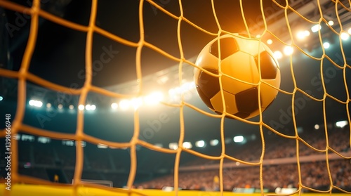 Soccer Ball in Goal Net with Stadium Lights
