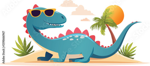 Happy Cartoon Dinosaur on Tropical Beach at Sunset
