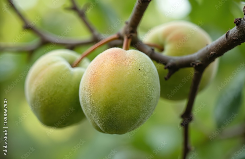 Close-up of unripe green peaches on tree branch. Harvest time. Fruit healthy food from garden. Agricultural concept. Juicy fruits on branch in garden. Vitamin source, fresh crop. Close-up of unripe green peaches on tree branch. Harvest time. Fruit healthy food from garden. Agricultural concept. Juicy fruits on branch in garden. Vitamin source, fresh crop.