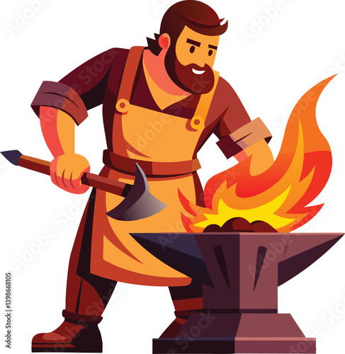 Strong blacksmith forging sword in fire. Medieval craftsman for village, RPG, or fantasy artwork.