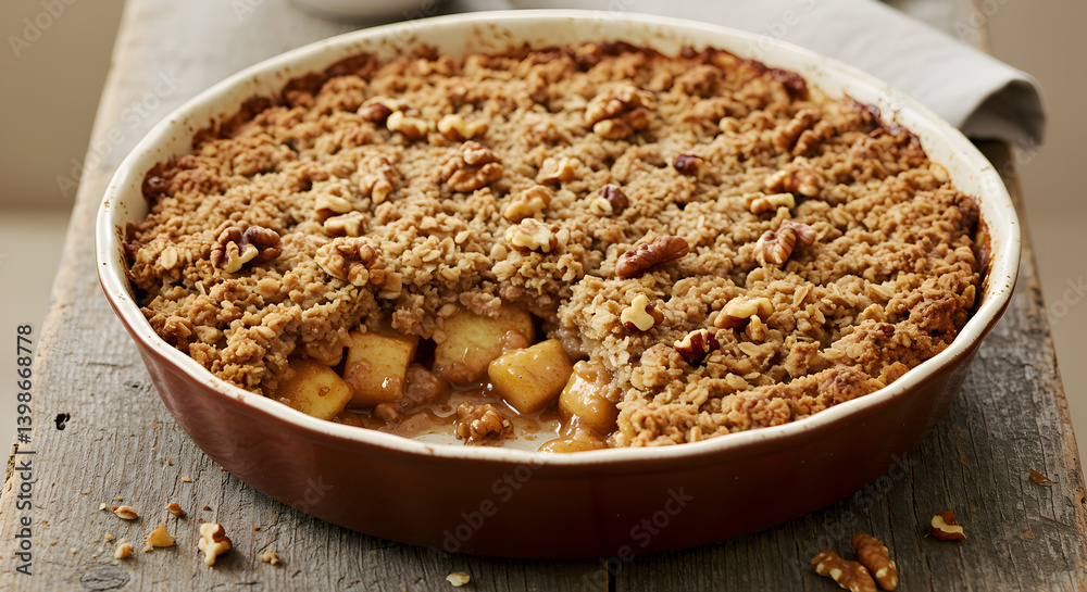Gluten Free Oatmeal Apple Crisp Dessert Topped With Walnuts Closeup Gluten Free Oatmeal Apple Crisp Dessert Topped With Walnuts Closeup