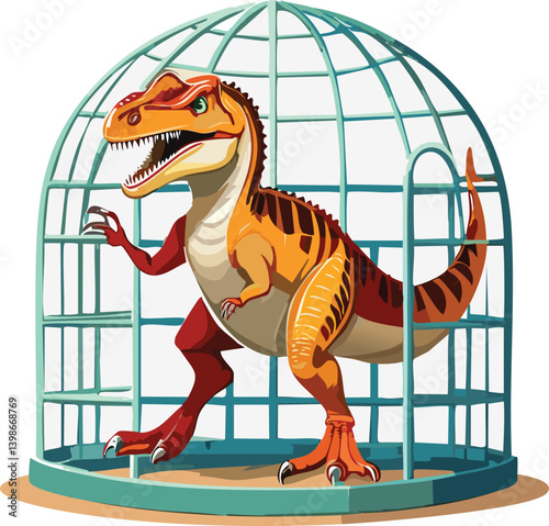 Orange and Red Tyrannosaurus Rex in Teal Birdcage Illustration