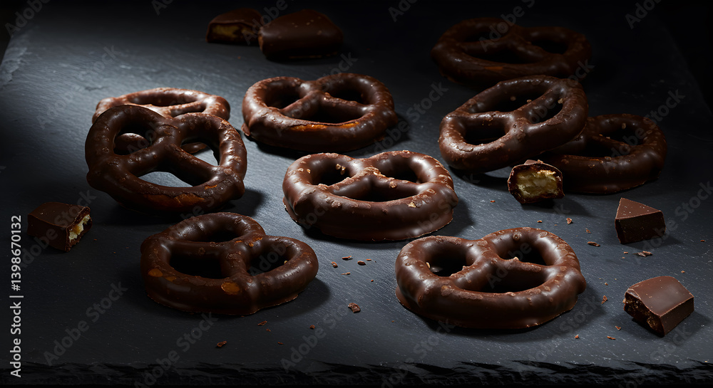 Delicious Dark Chocolate Covered Pretzels on Slate Background with Dramatic Shadows Delicious Dark Chocolate Covered Pretzels on Slate Background with Dramatic Shadows